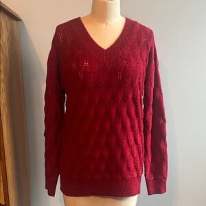 Deep Red Cable Knit V-Neck Sweater